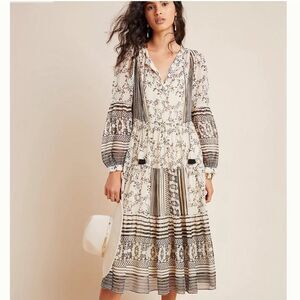 Anthropologie Talulah Tiered Black Cream Patterned Midi Dress Size XS Petite